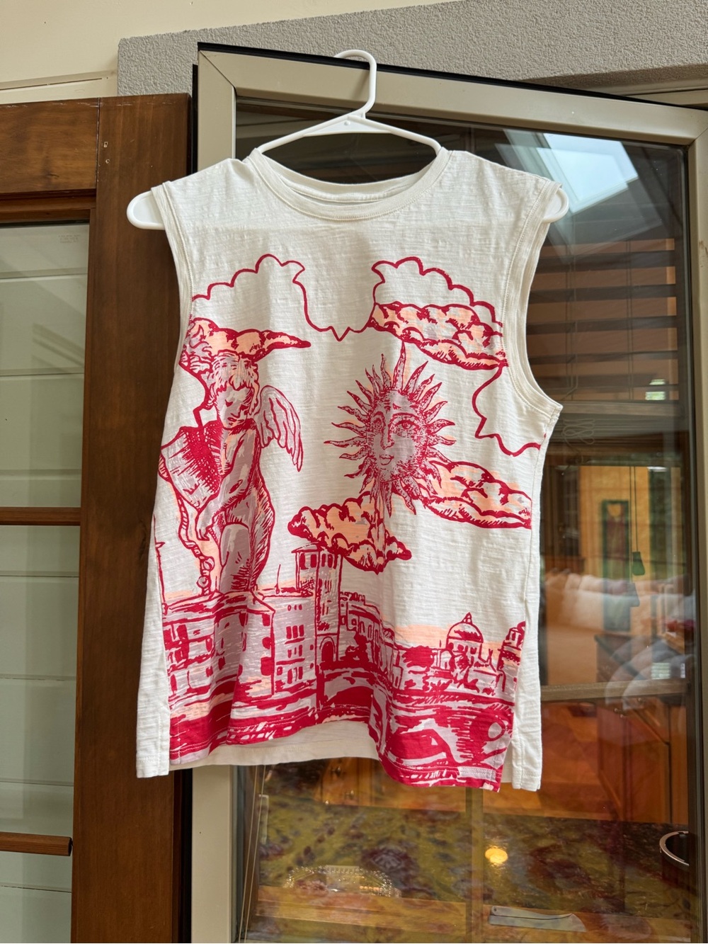 White & Red Graphic Sleeveless Tank Top with Sun and Cherub Motif